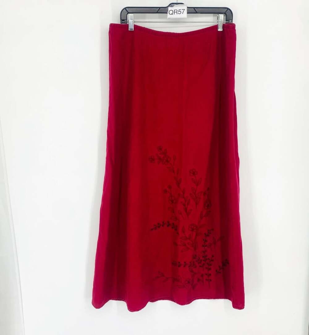 Vintage Y2K Lane Bryant Maxi Skirt 14/16 Red Linen Blend Floral Embroidered Boho